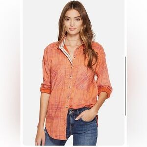 Free People Shore Vibes Button Down Shirt Flannel Coral Orange Plaid Small Boho